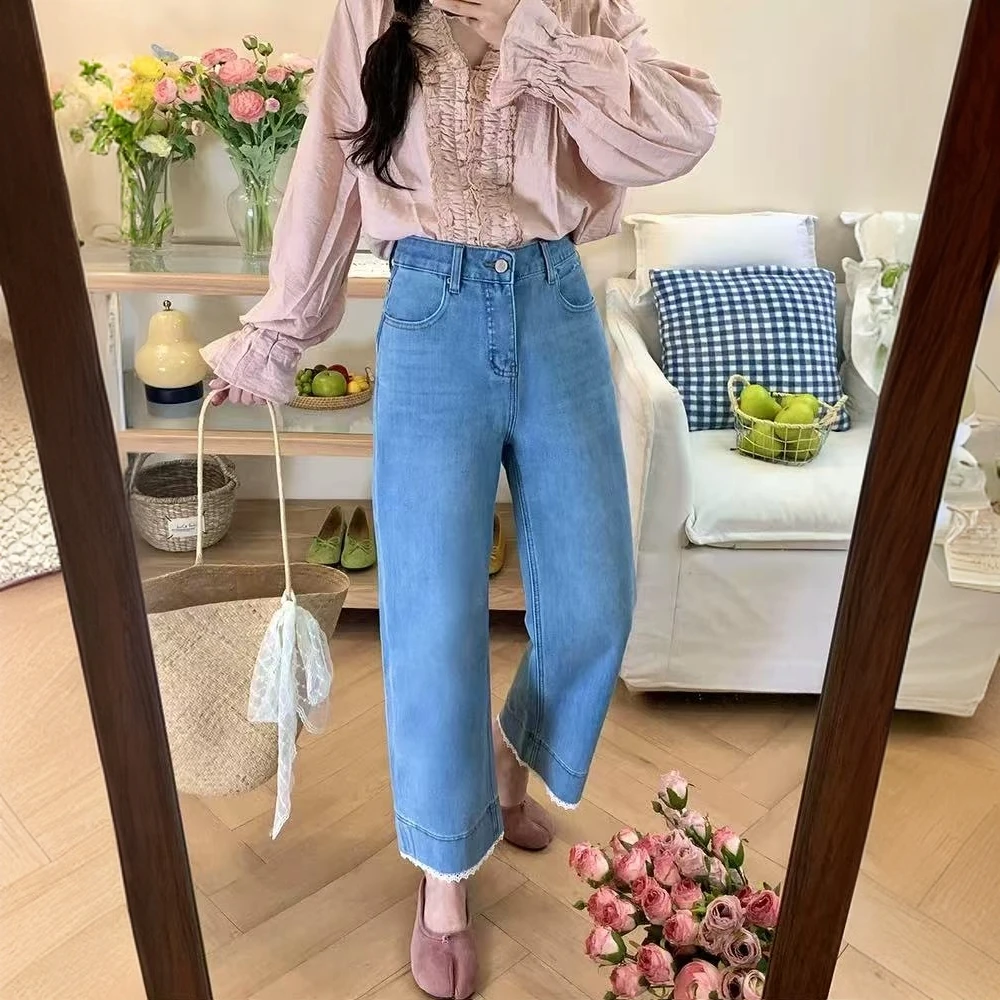 蕾丝拼接浅蓝色牛仔裤女夏季新款大码胖mm弹力梨形身材九分直筒裤