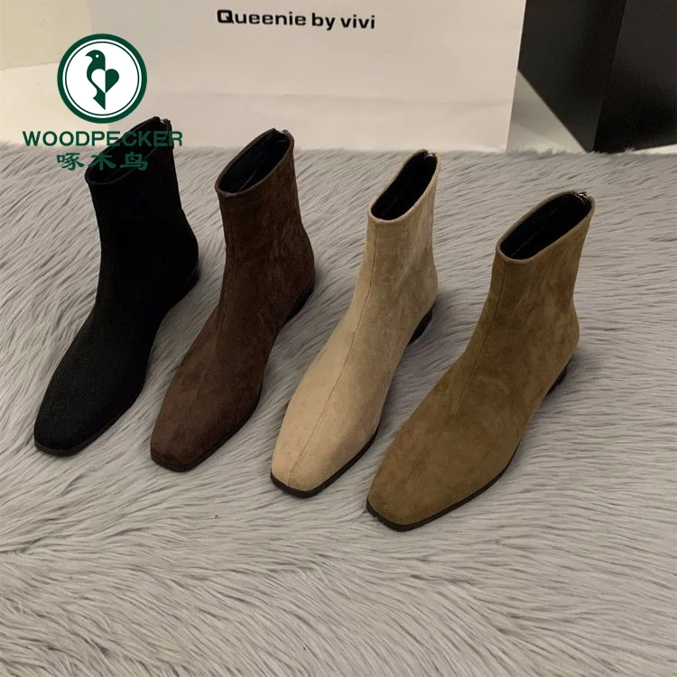 啄木鸟高级感复古方头小短靴女2025秋季单靴瘦瘦靴法式绒面小踝靴