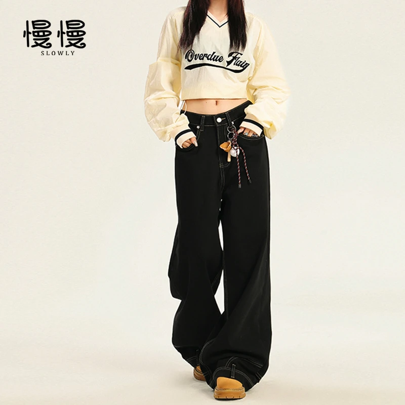 2025秋冬美式复古水洗反穿设计男女同款情侣痞帅宽松阔腿牛仔裤女