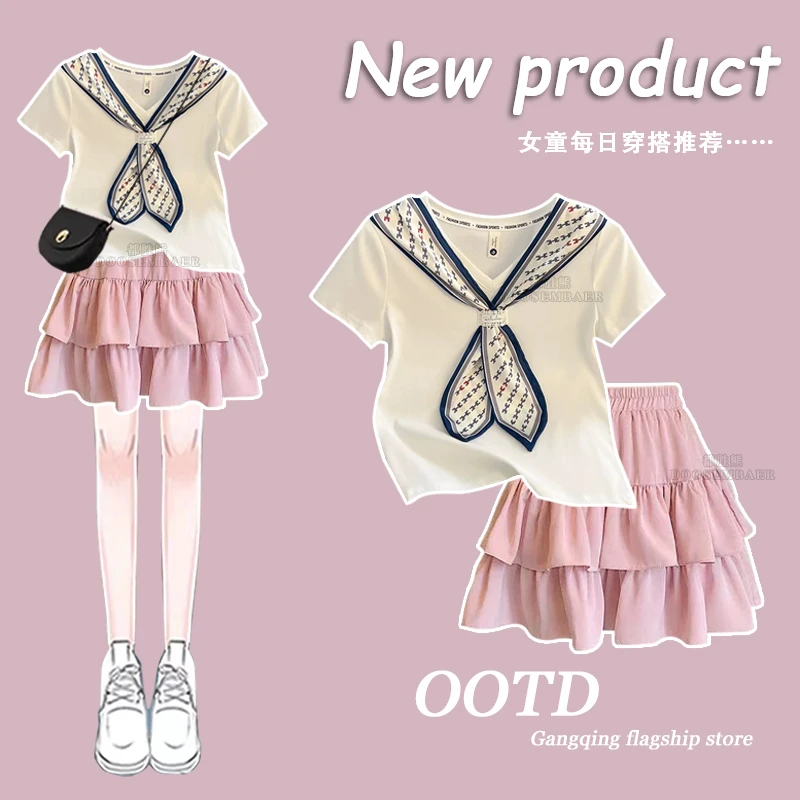 女童裙子套装2025夏季新款洋气中大童设计感丝巾短袖T蛋糕裙穿搭