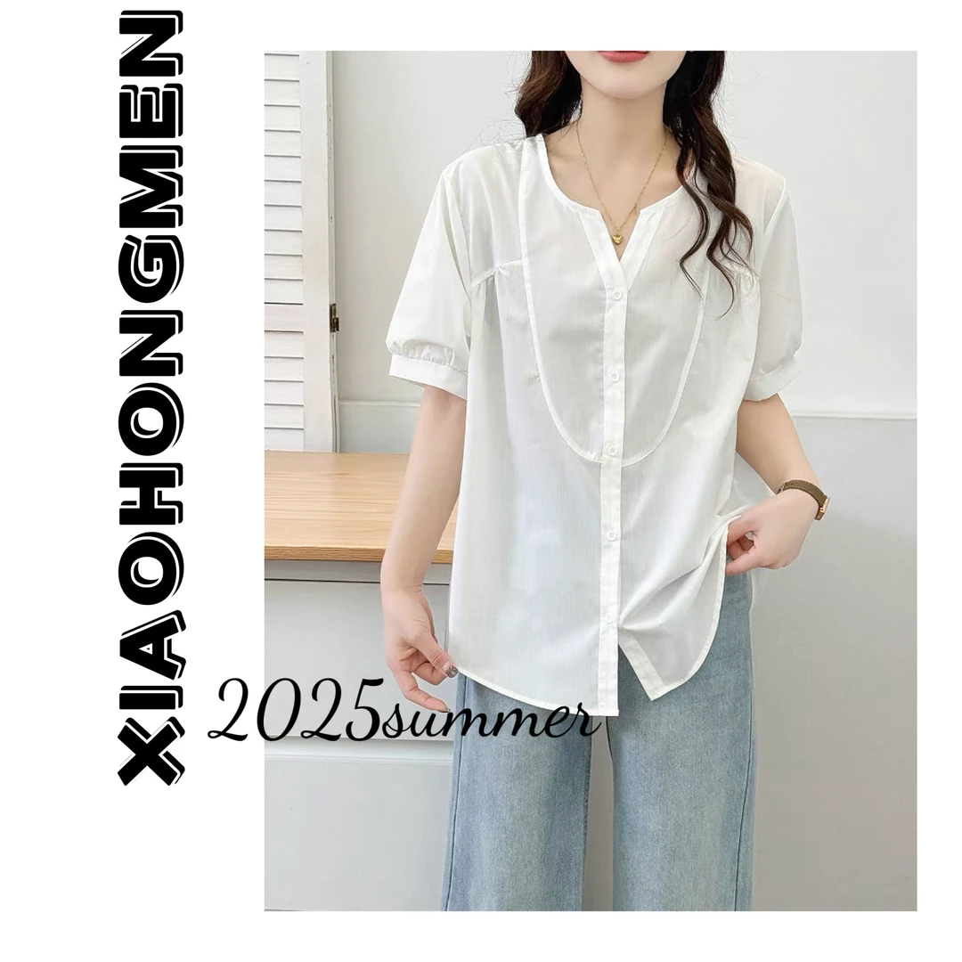 A377  2025夏季新款纯色V领时尚百搭简约通勤排扣薄款衬衣