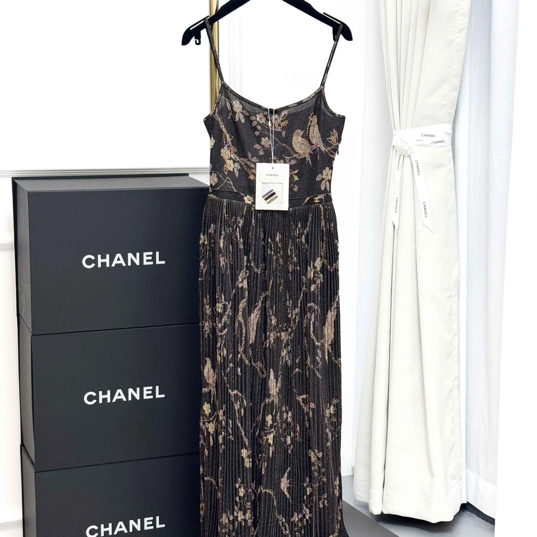 99新 Chanel/香奈儿 36码棕金混色 树枝鸟图案 烫钻 吊带 连衣裙