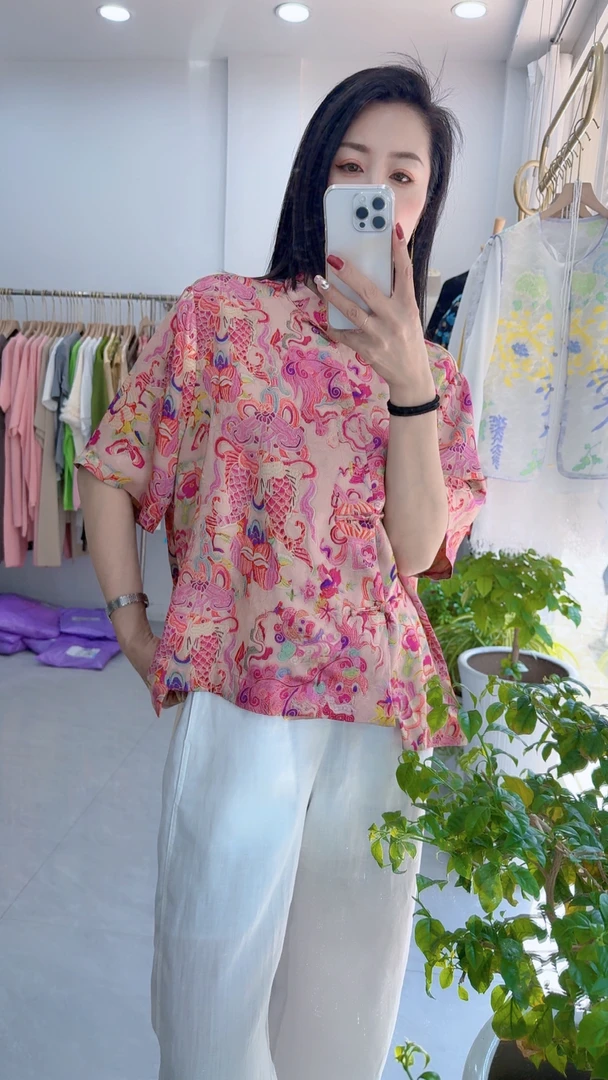 提花新中式立领夏季冰丝显瘦衬衫圆领时尚国风小衫上衣