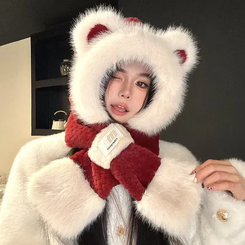 可爱小熊帽子围巾一体女新款秋冬季加绒围脖防寒保暖毛茸茸护耳帽