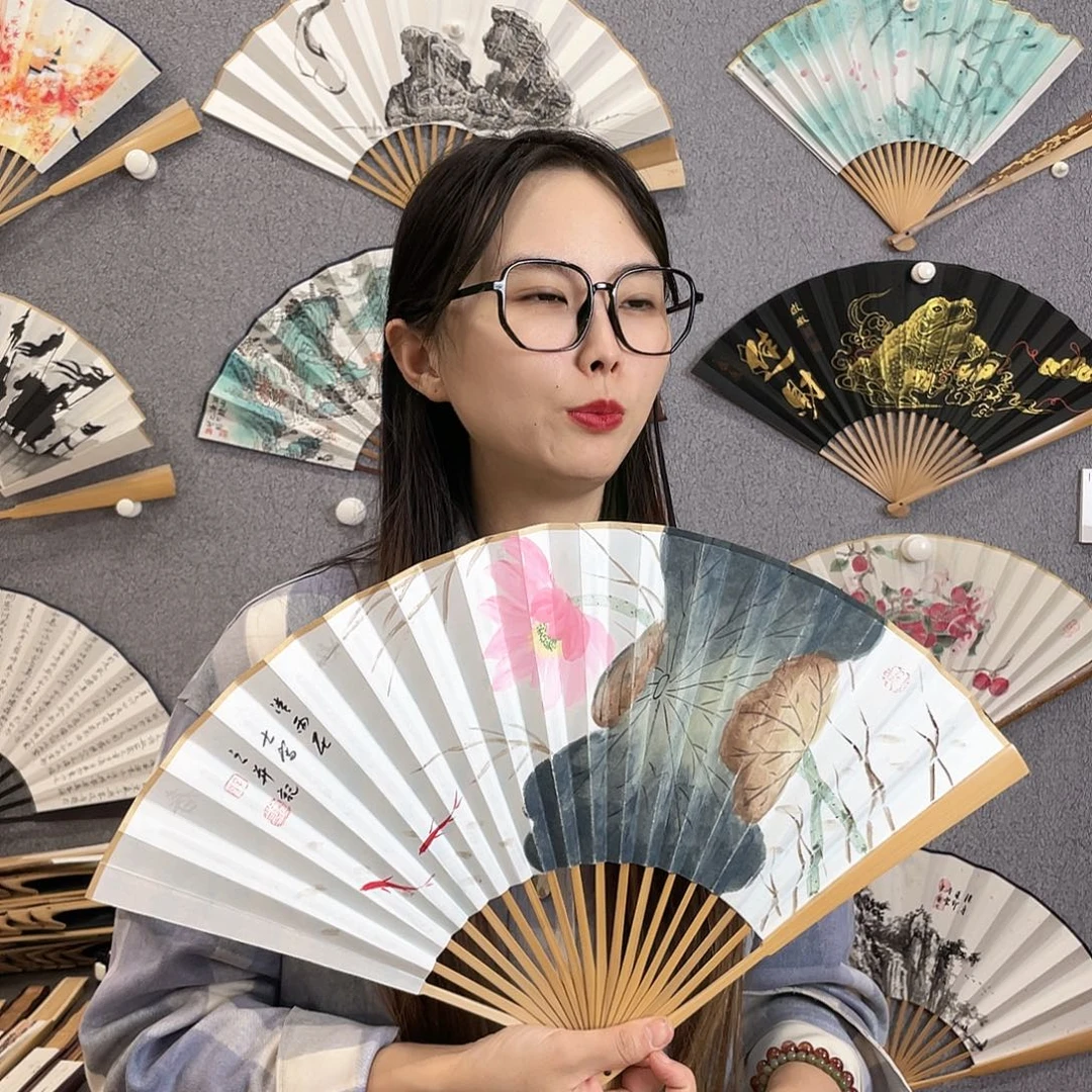 国画95寸玉竹-纯手绘-文玩扇骨（默认粘好）