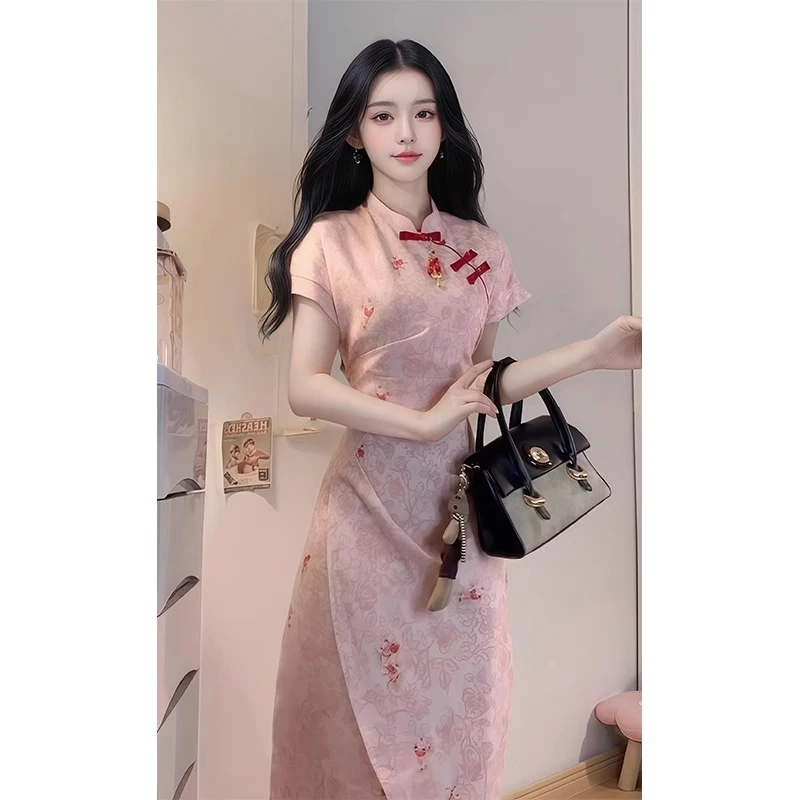 复古新中式国风改良旗袍气质高级感粉色修身收腰连衣裙女2025夏季