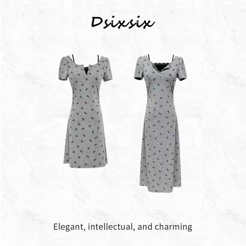 Yeah Me/也觅【灰调派对】夏季显瘦连衣裙复古设计感黑色蝴蝶后妈裙