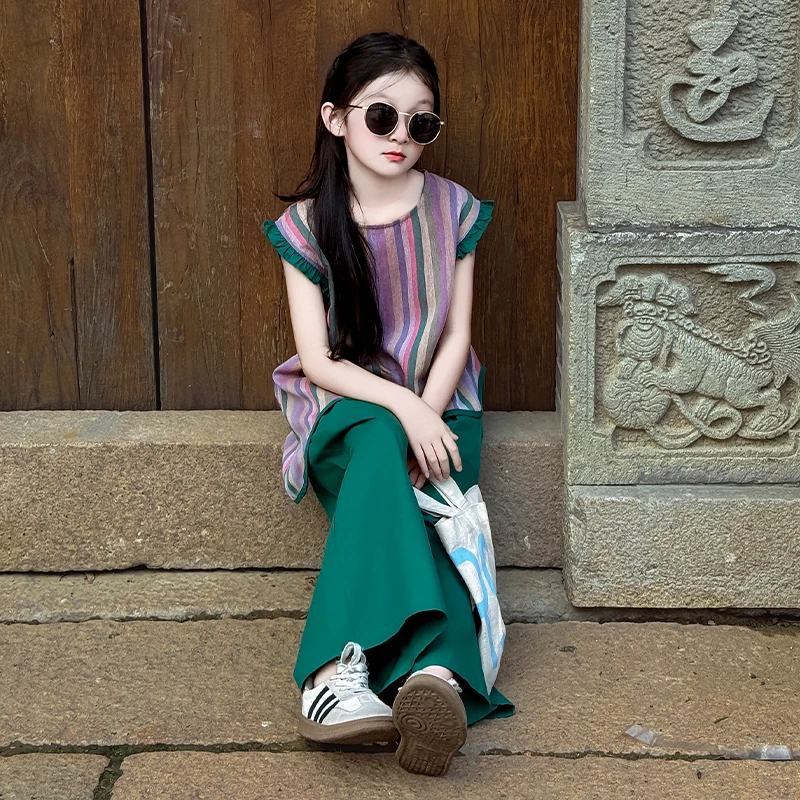女童夏季新款2025薄款时髦洋气休闲风多彩条纹上衣休闲阔腿裤套装
