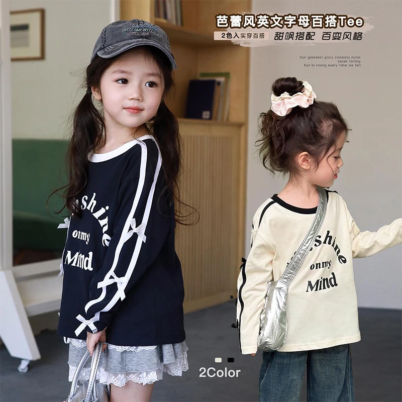 女童长袖t恤纯棉早秋新款女孩上衣蝴蝶结儿童宝宝衣服洋气韩版潮