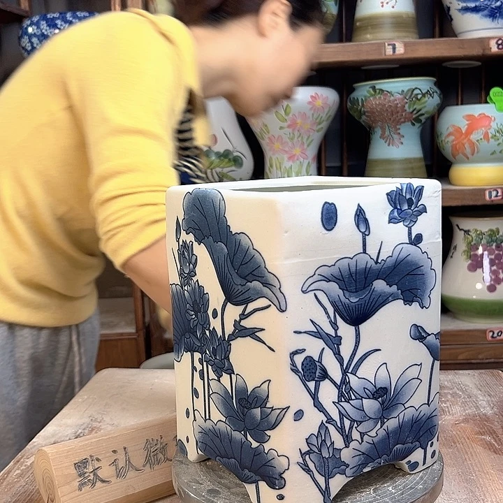 陶四方盆复古荷花陶瓷