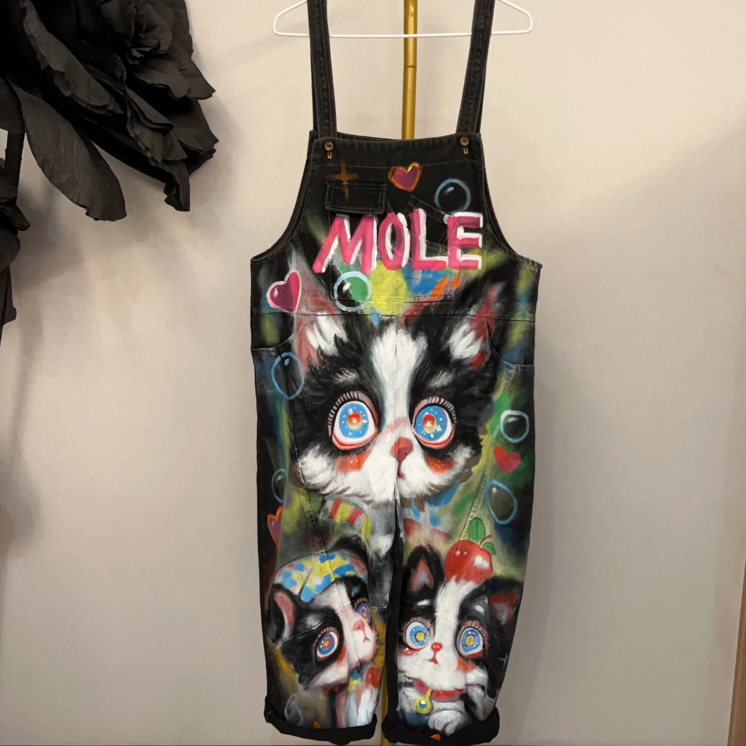 W1322时尚潮牌设计师款手绘猫咪百搭个性宽松阔腿背带裤