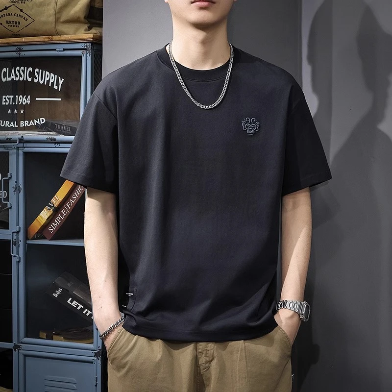 Cebrodz刺绣短袖t恤男夏季新款潮牌宽松半袖复古简约百搭圆领体恤