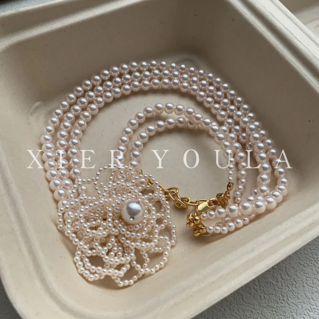 铜合金项链 【喜儿ula】2-15-4法式复古赫本风温柔珠珠花朵项链