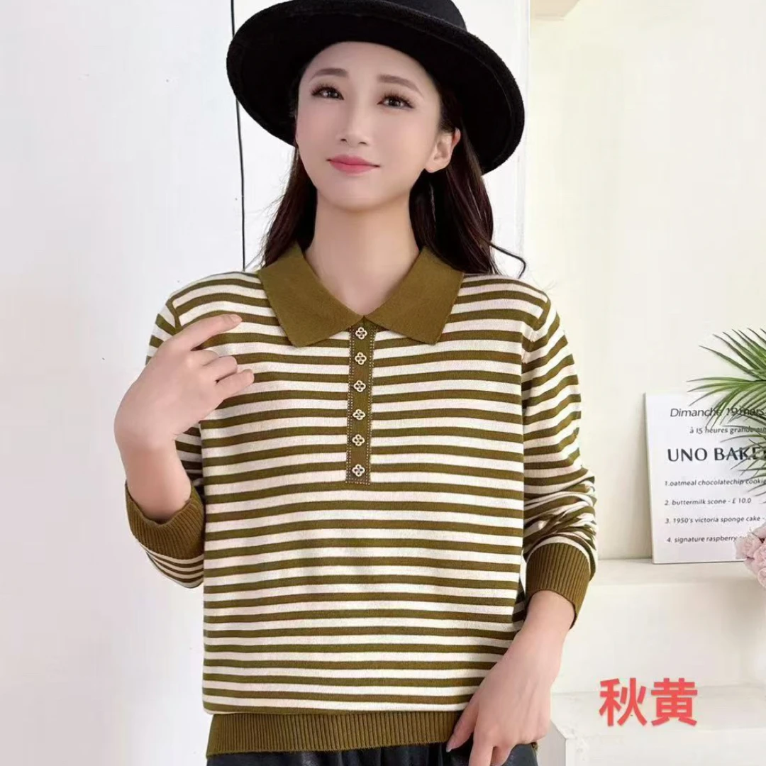 条纹翻领长袖常规烫钻休闲风常规款T恤宽松翻领条纹