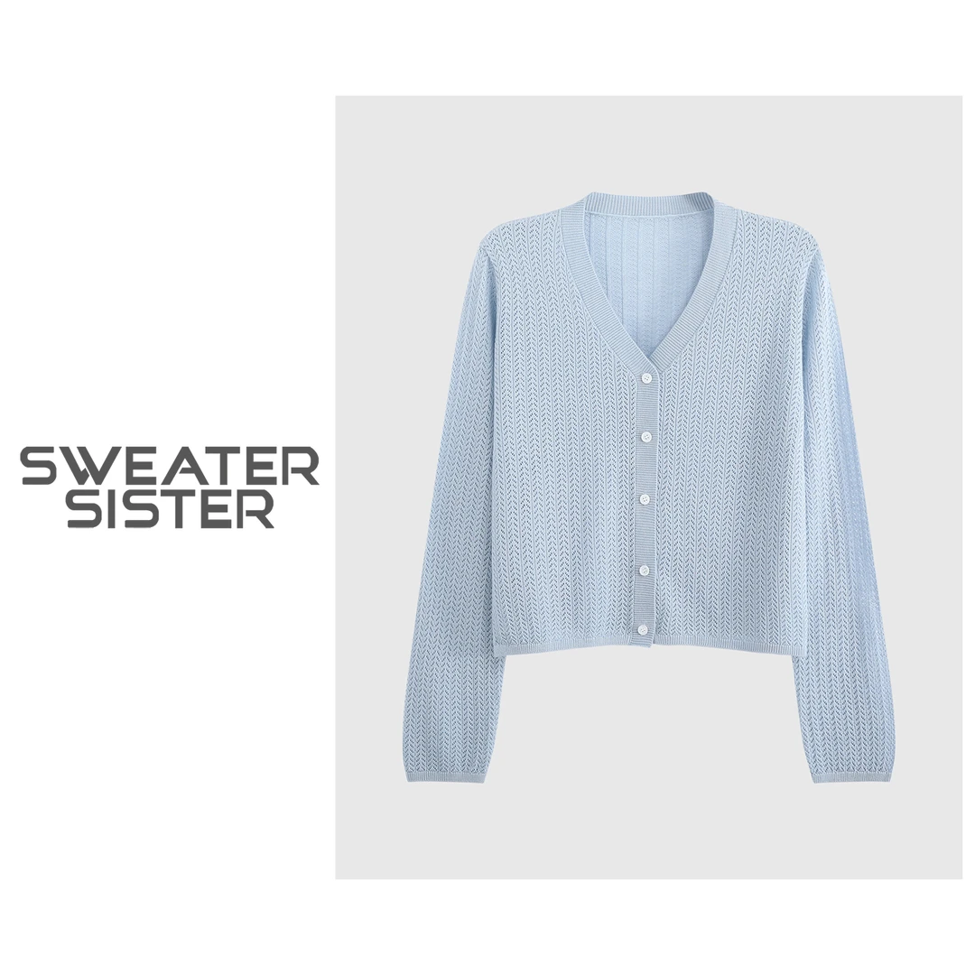 复古温柔风V领麦穗长袖针织镂空开衫女6688-8906