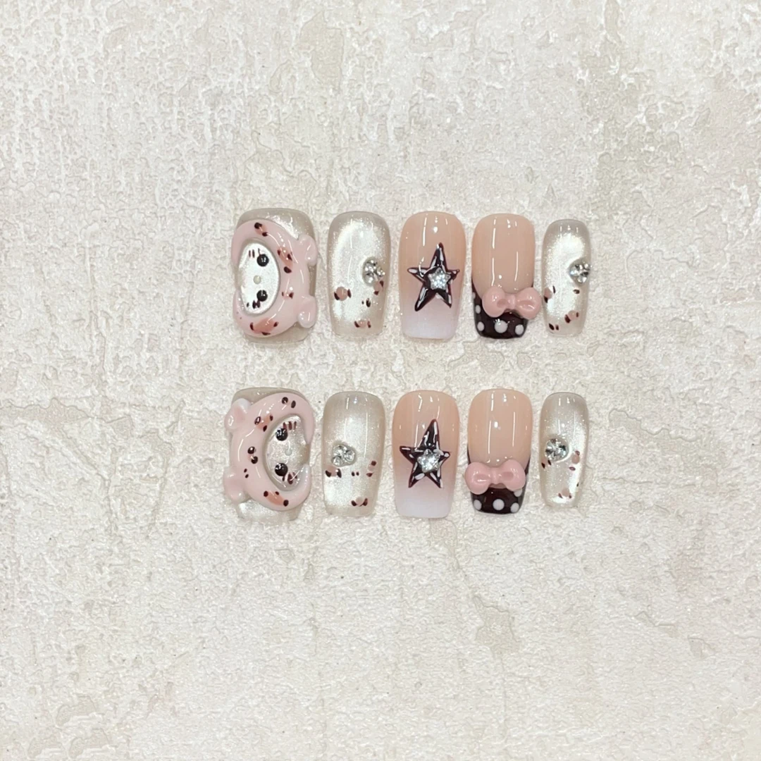 可爱粉色手捏小猫豹纹爆闪猫眼可爱小短甲日常穿戴纯手工穿戴甲
