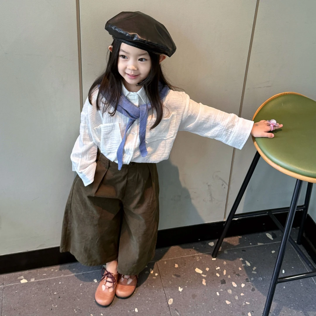 壹妈童装韩范女童时髦秋季套装新款洋气女宝白色衬衫咖色阔腿裤子