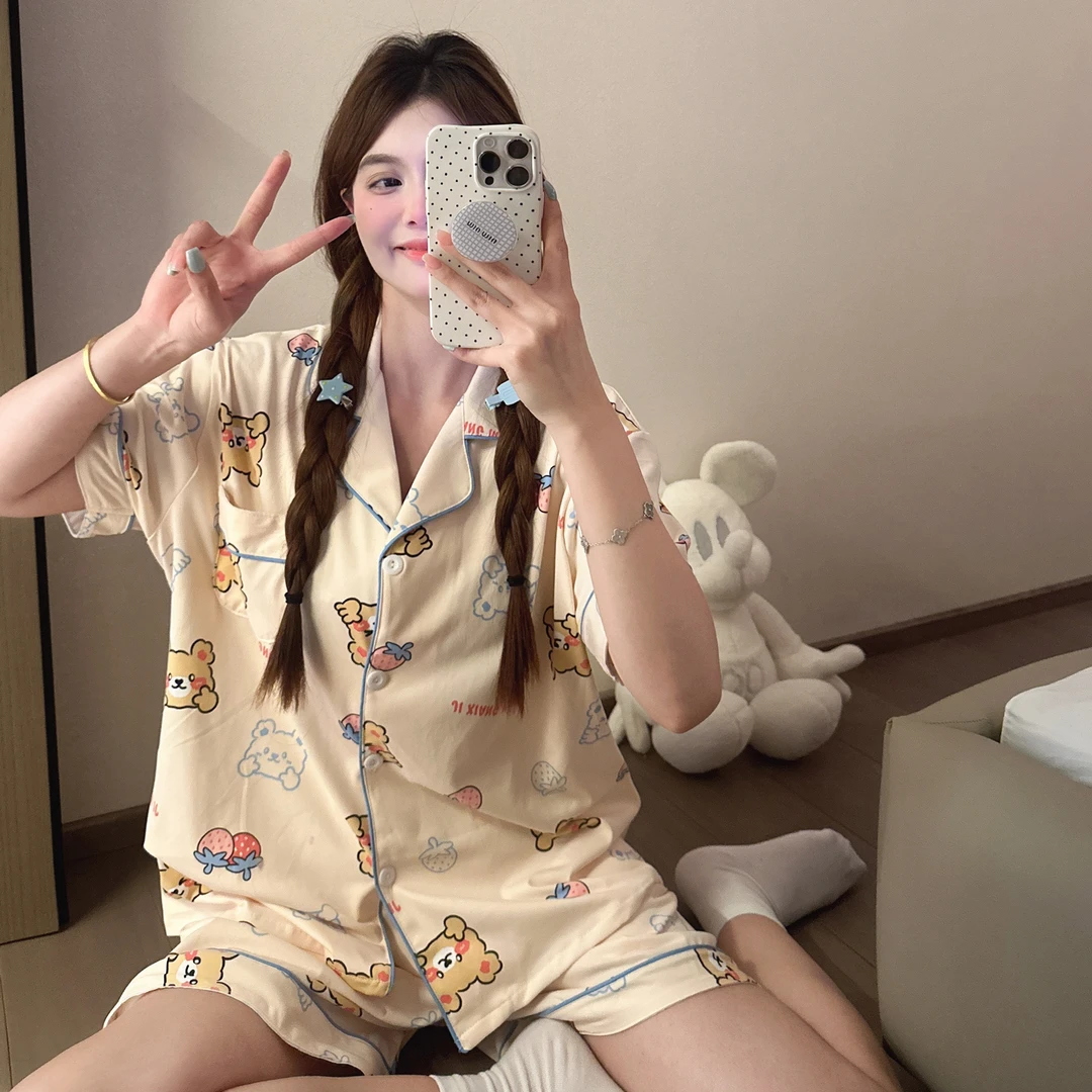 【短袖细纱绵】夏天短袖短裤两件套装女士夏季可爱睡衣女学生家居服