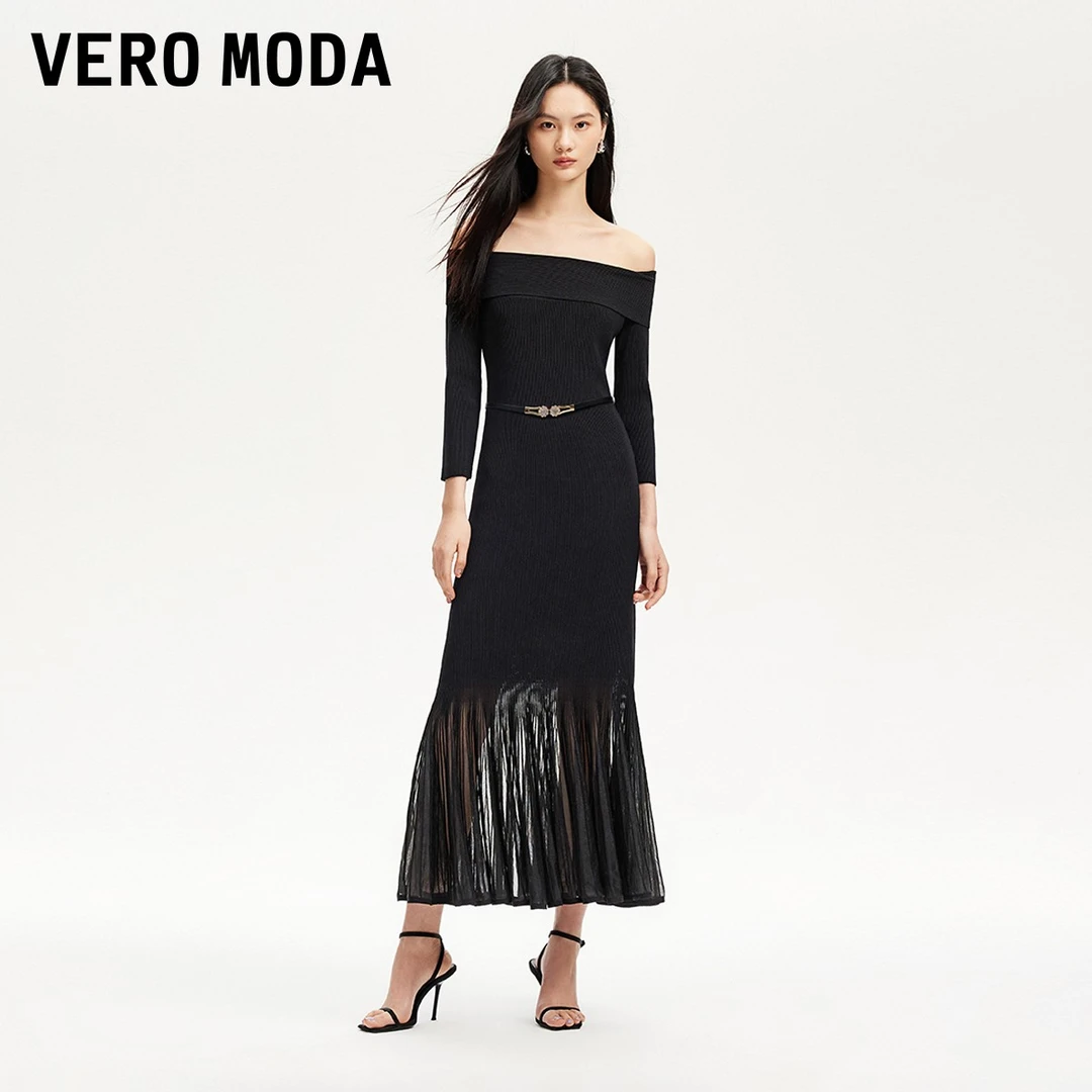 Vero Moda连衣裙商场同款新品一字肩半透裙摆竖坑条百搭325146012