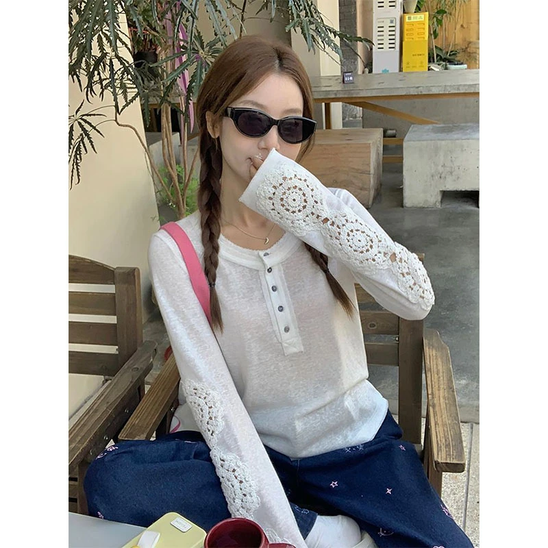 小众别致镂空钩花刺绣长袖T恤女夏季美式chic宽松薄款防晒衫上衣