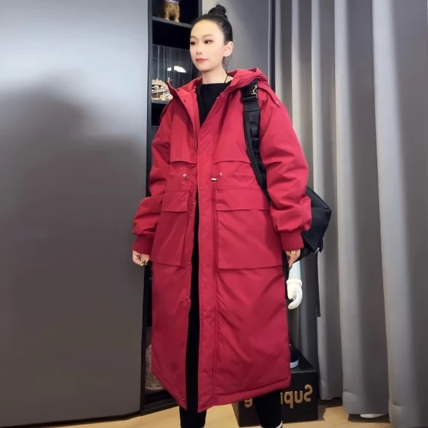 棉衣女长款冬季加厚宽松过膝韩版中长款保暖情侣百搭休闲连帽棉服