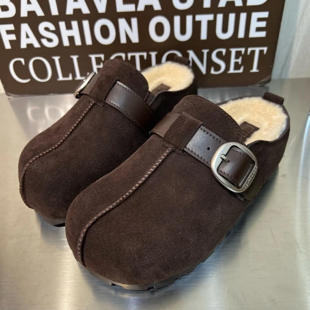 包头半拖鞋秋冬新款女真皮厚底一脚蹬棉懒人居家外穿松糕底羊毛潮