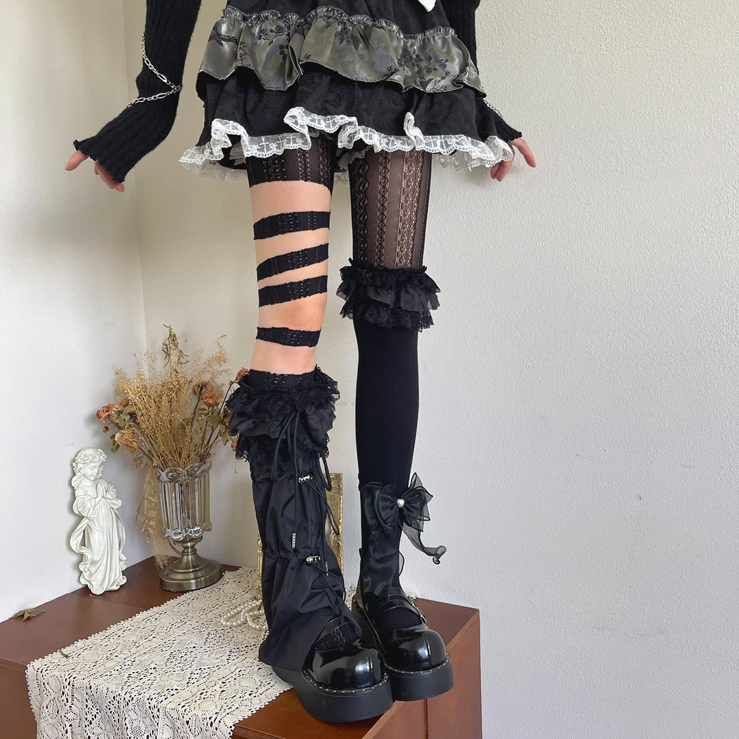 袜贵人新品自制款叠穿轻亚风哥特破洞镂空蕾丝花边腿环中筒袜套女