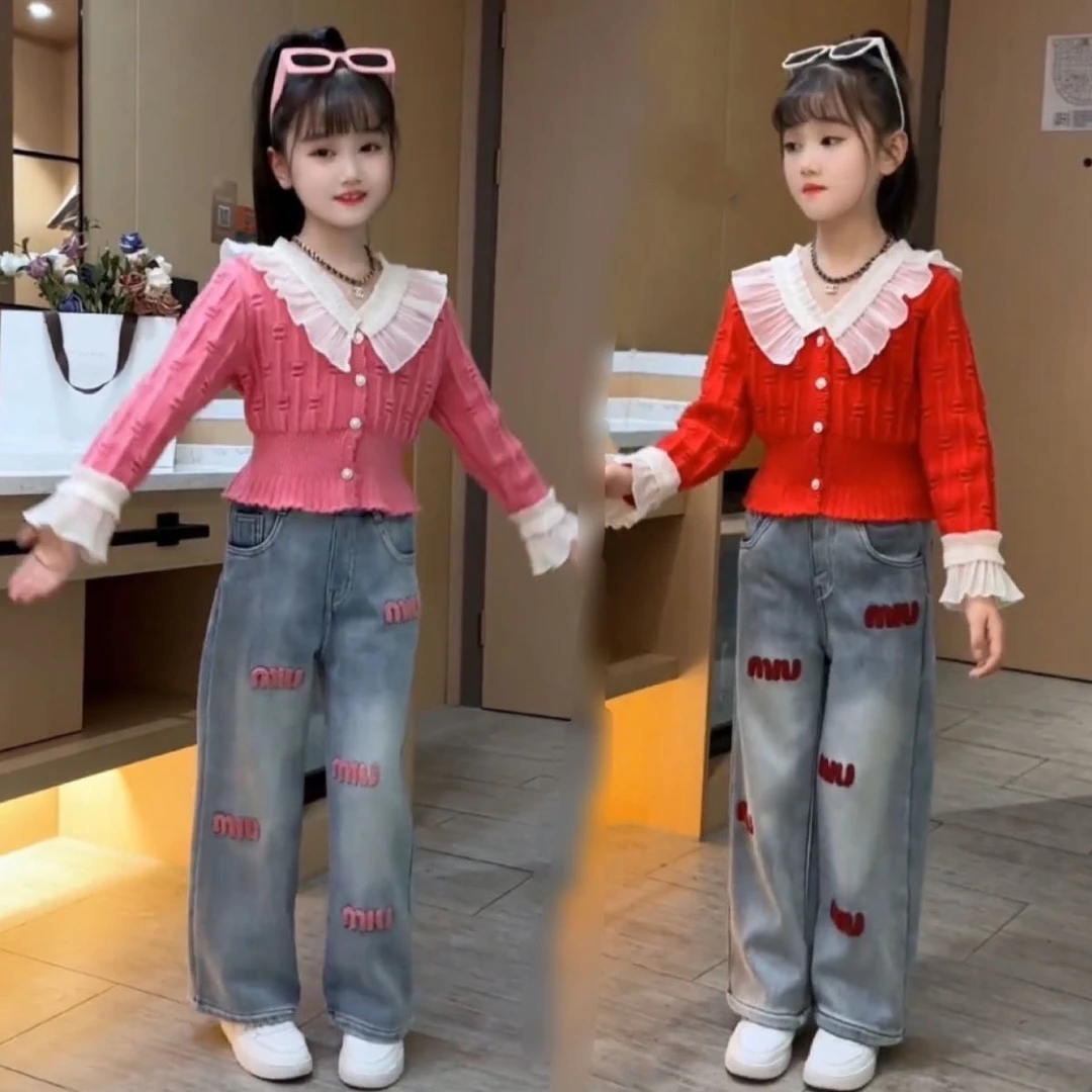 女童开衫毛衣套装中大童春秋款韩版洋气针织开衫刺绣牛仔裤两件套