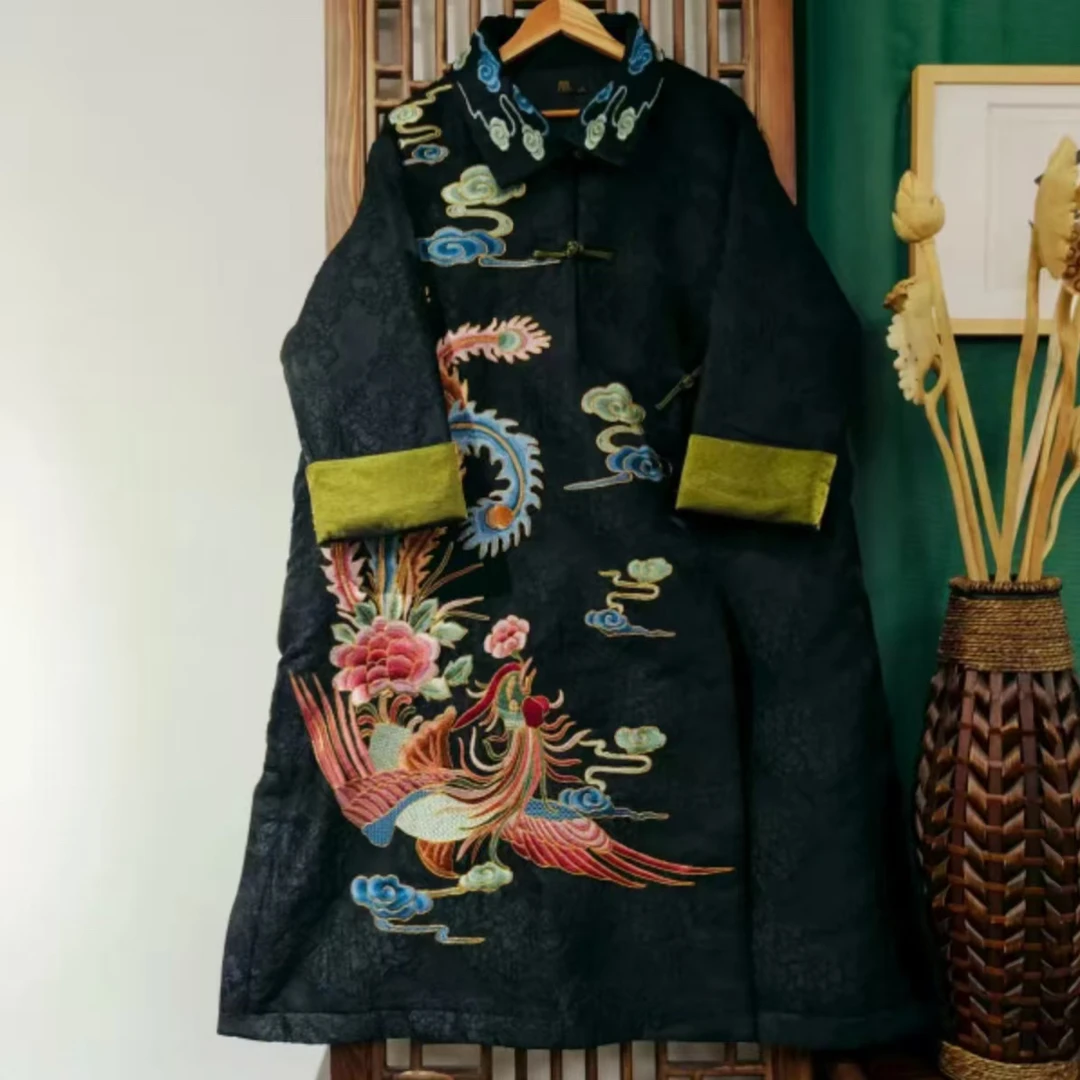 棉（ LS423-4）凤徕兮定制黑色暗纹底彩凤刺绣翻领不规则盘扣棉服