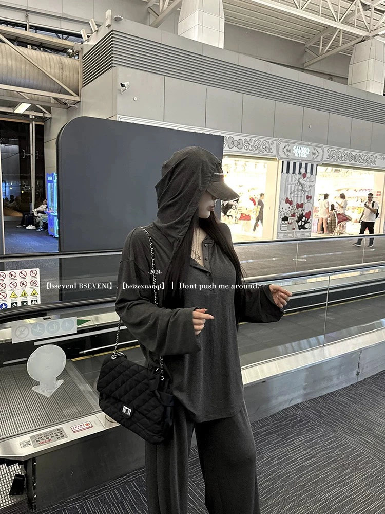 大码慵懒风宽松套装女秋季胖mm显瘦连帽上衣防晒衫+阔腿裤裤子