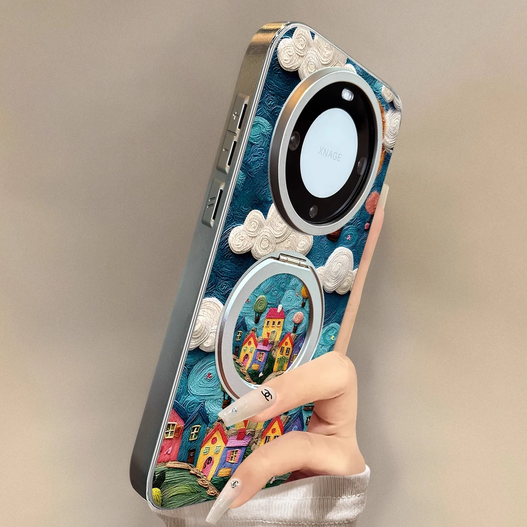 彩色油画适用华为mate70pro新款旋转支架手机壳小羊皮m60防摔p80