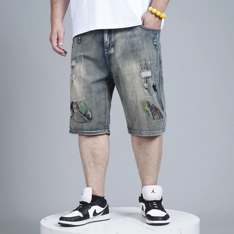 LIUGEJIA/六个加新款男士直筒潮流街头潮牌破洞刺绣牛仔短裤F932