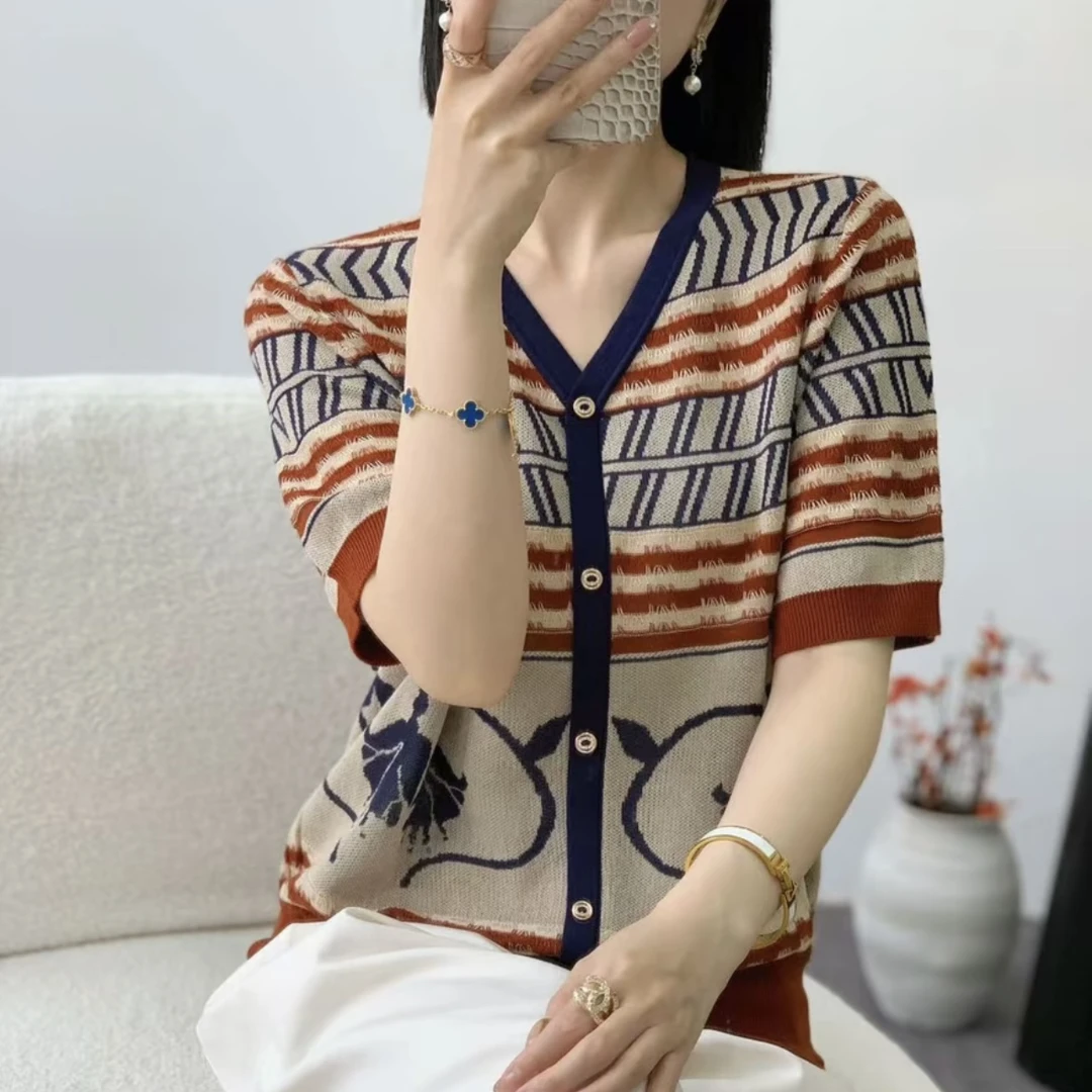 【莱赛尔100】复古撞色夏季新款V领排扣针织假开衫薄款短袖T恤上衣