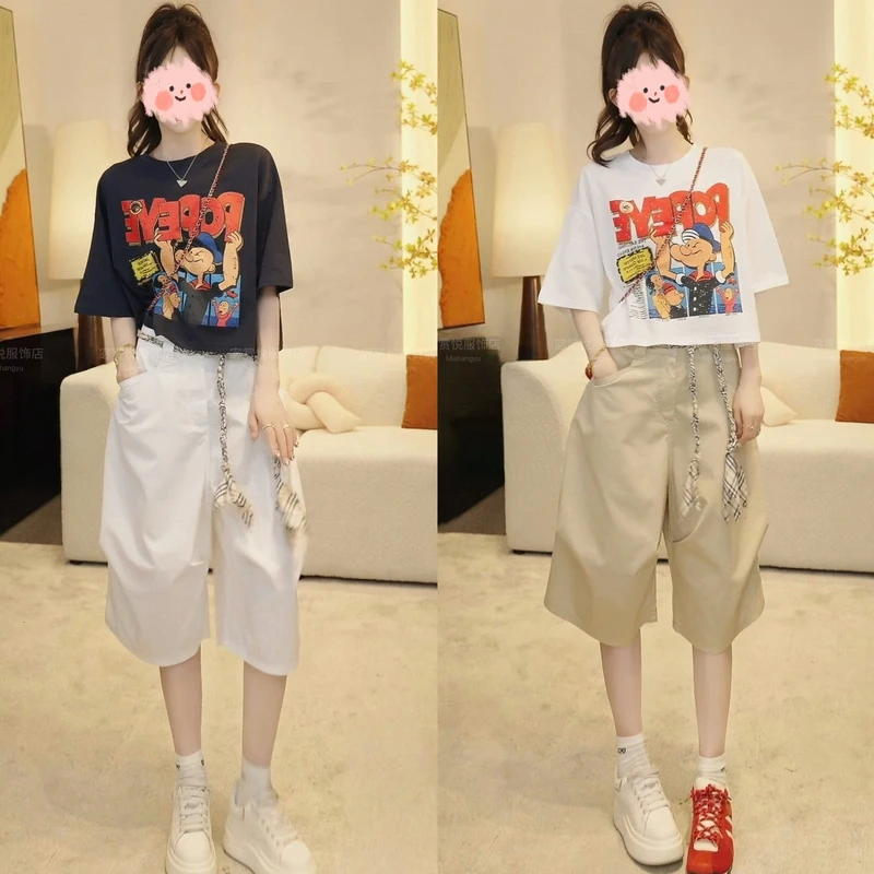 2025夏季时尚洋气卡通印花短袖T恤上衣显瘦百搭休闲七分裤套装女