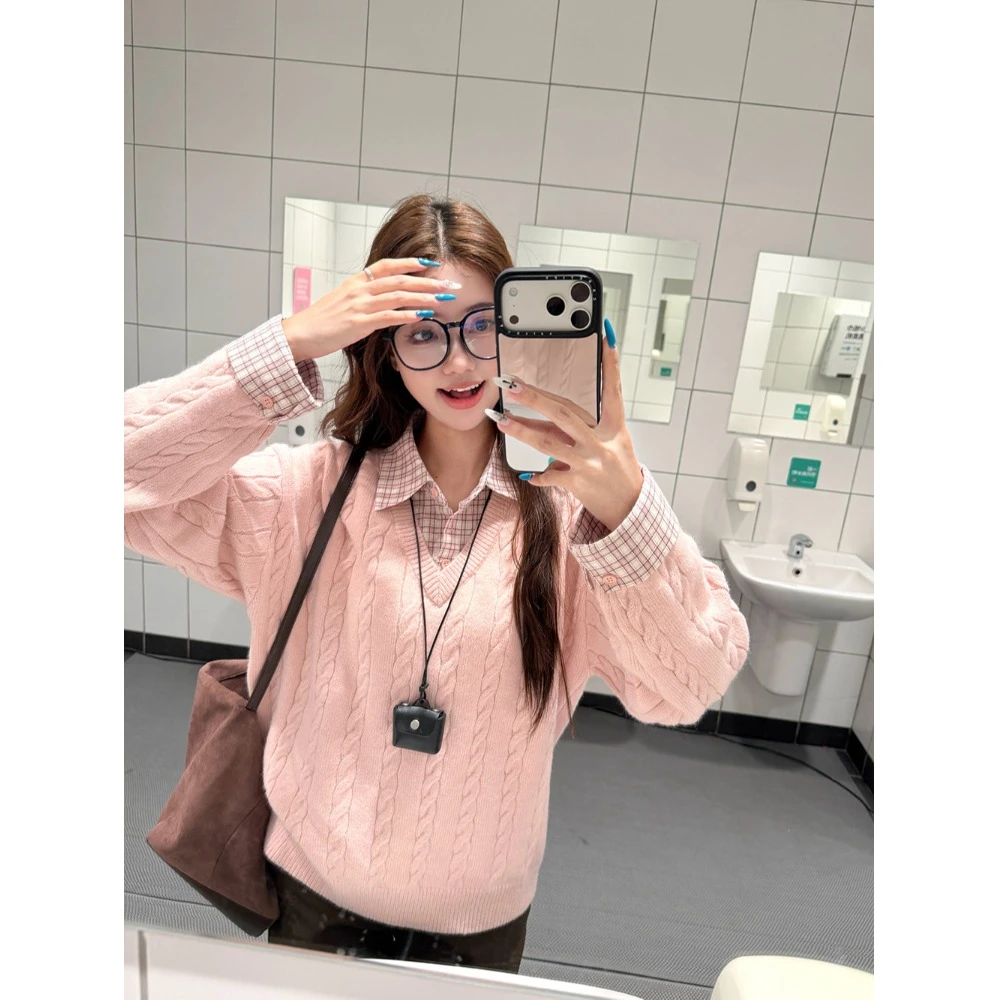 粉色减龄拼接格子假两件设计感宽松休闲长袖毛衣女气质麻花针织衫