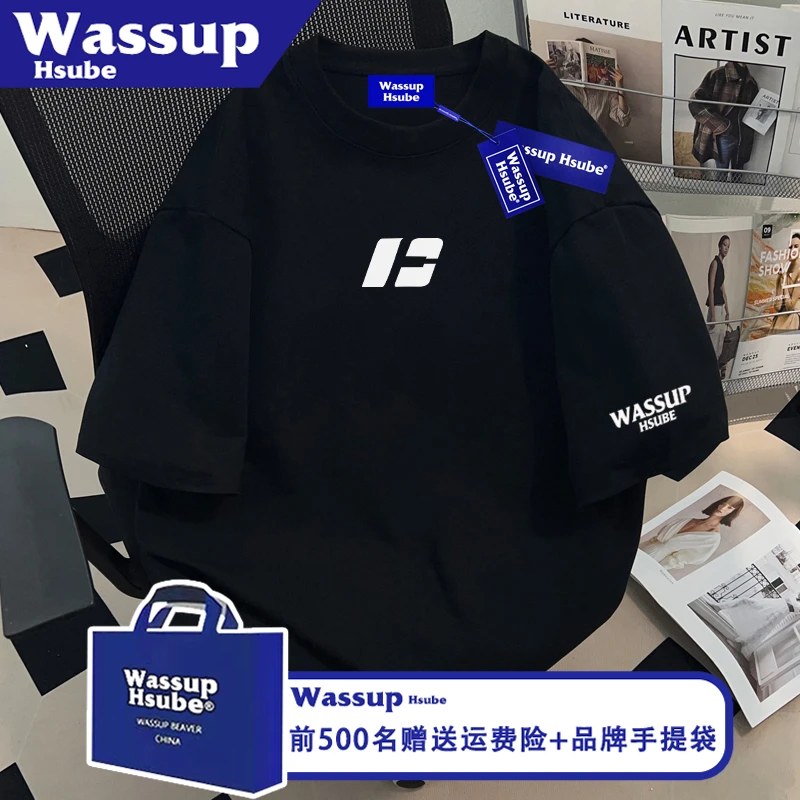 WASSUP HSUBE复古潮牌字母印花黑色T恤男女凉感半袖ins夏纯棉短袖
