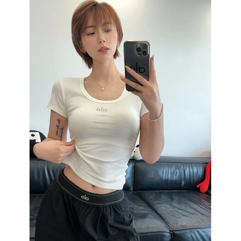 修身正肩反光字母U领显瘦小众设计感针织短袖T恤夏季