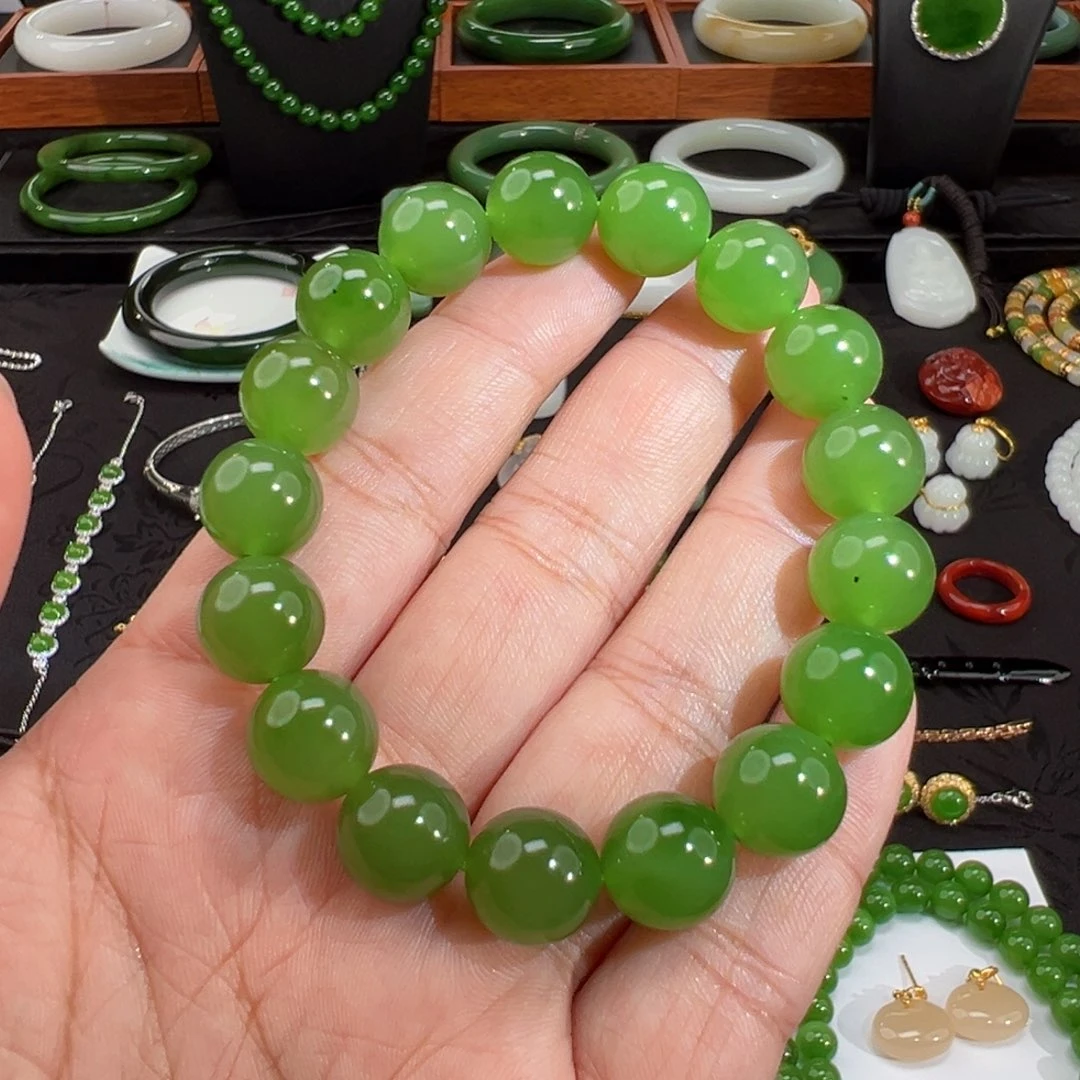 和田玉（碧玉）未镶嵌手串俄料油胶爆米花12mm手串