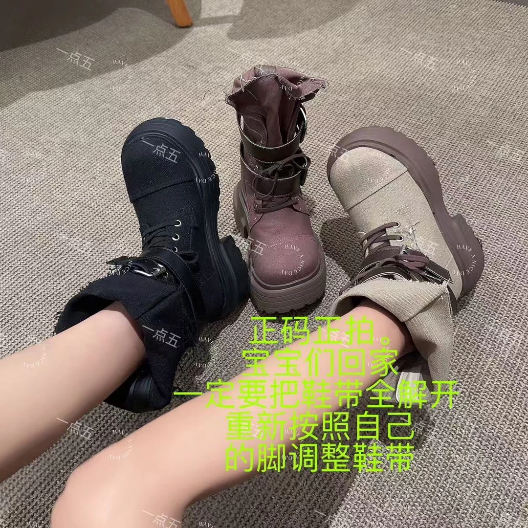 一点五增高13厘米西部工装靴子女士原创定制款帆布长筒鞋秋新款