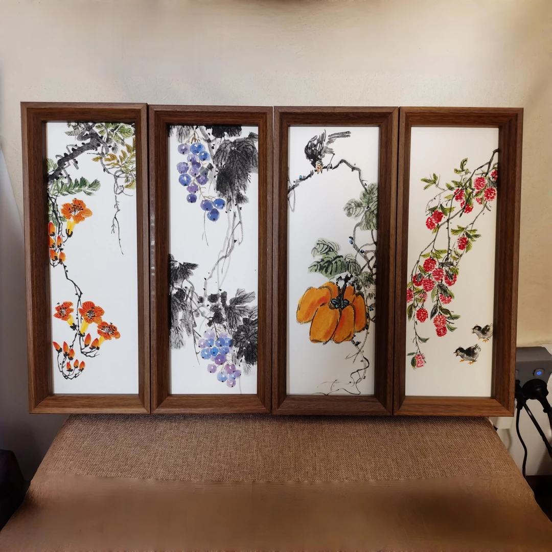32*12精品国画花鸟四条屏中式桌面陈设软装可摆可挂