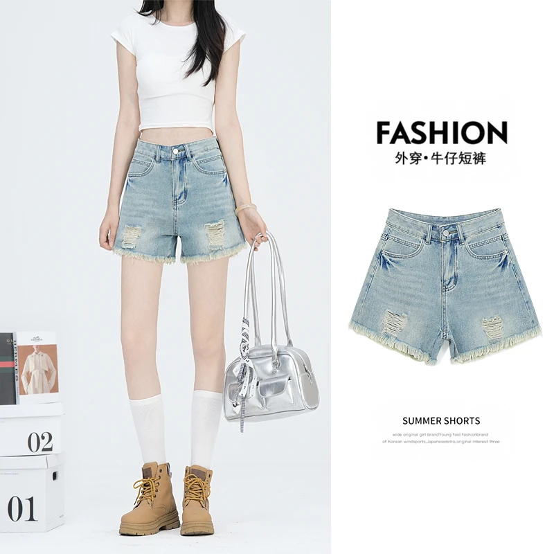 美式复古流苏毛边牛仔短裤女2025夏季新款薄款高腰a字牛仔短裤