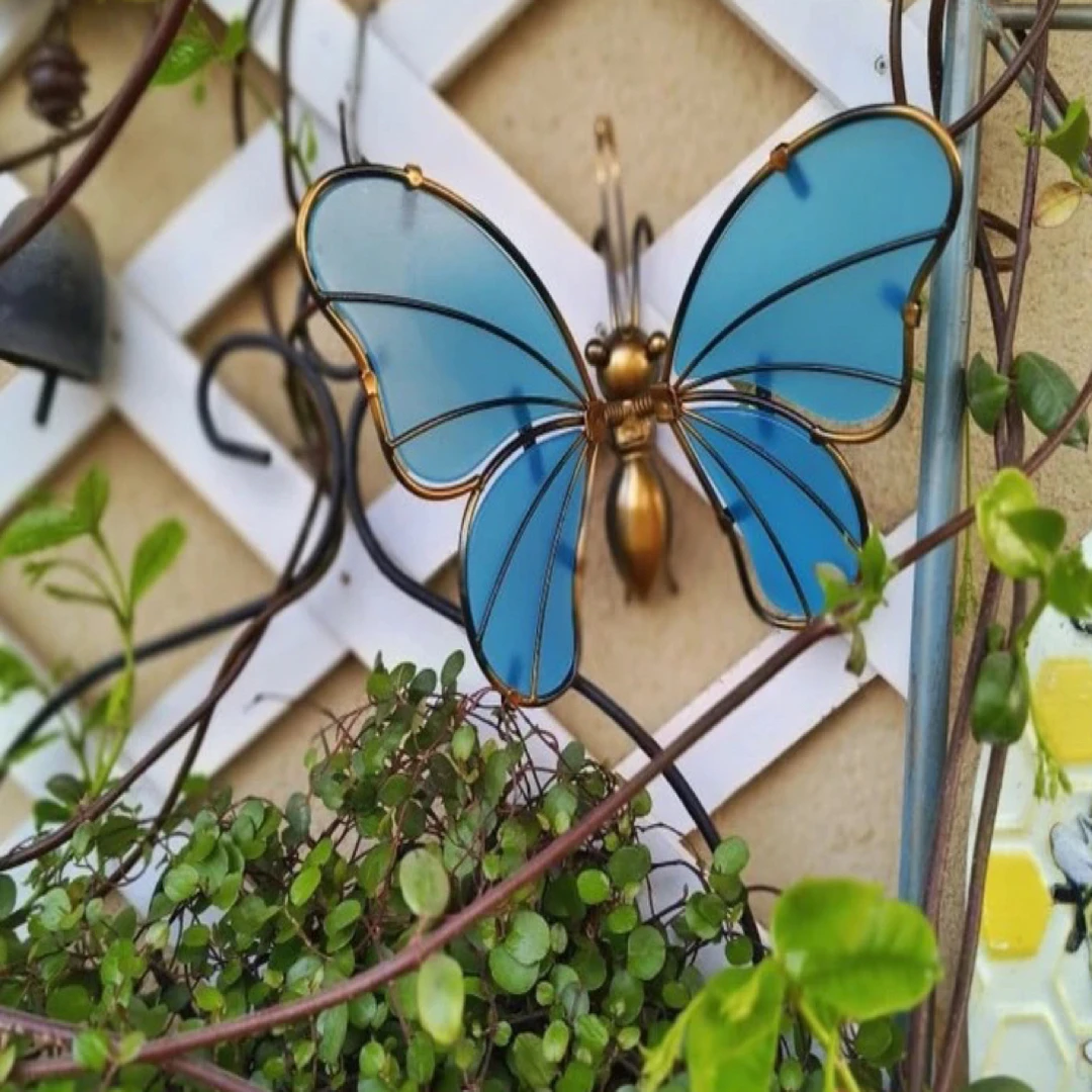 原创作品铁艺蓝色 粉色夜光亚克力立体蝴蝶盆挂摆件（夜光效果）