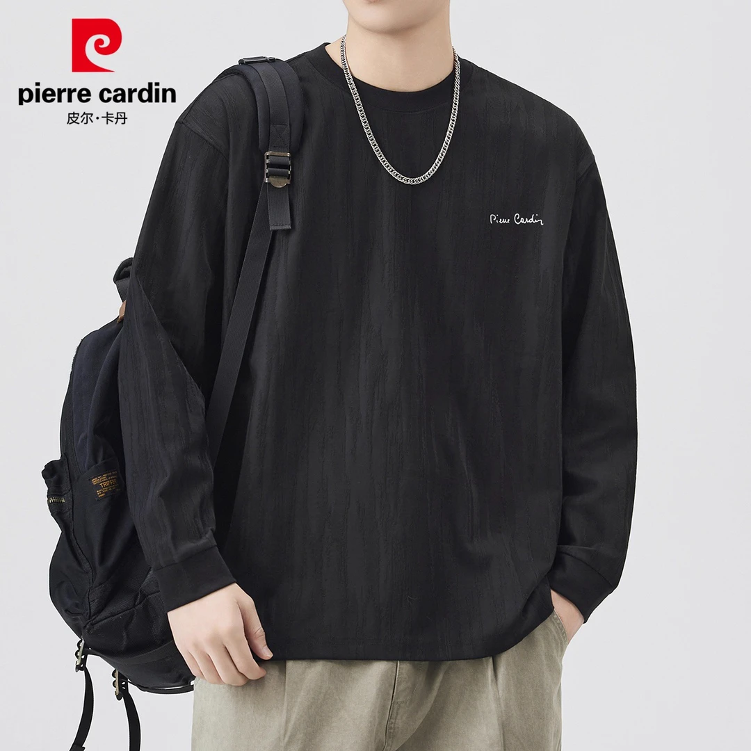 皮尔卡丹男士长袖t恤2025秋季简约宽松痞帅慵懒风休闲打底衫男装