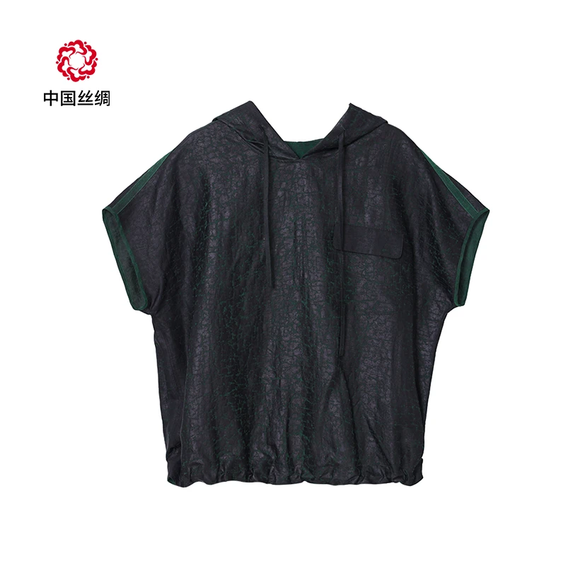 中国丝绸香云纱高档桑蚕丝国风休闲春夏短袖连帽衫【莨珠记绿龟纹】