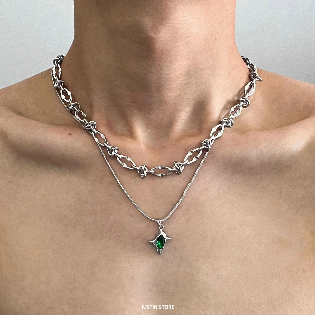 钛钢项链 双层绿色星芒荆棘项链男潮小众设计感嘻哈高级感锁骨链