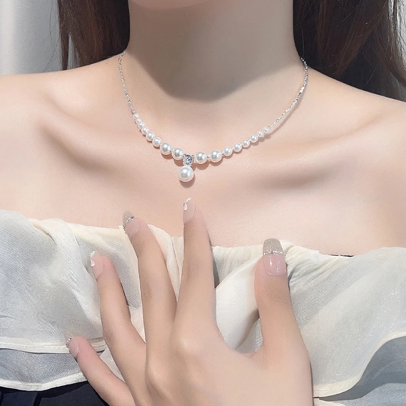 吊坠925银 S925银碎银子贝珠项链女轻奢气质锁骨链时尚百搭颈链