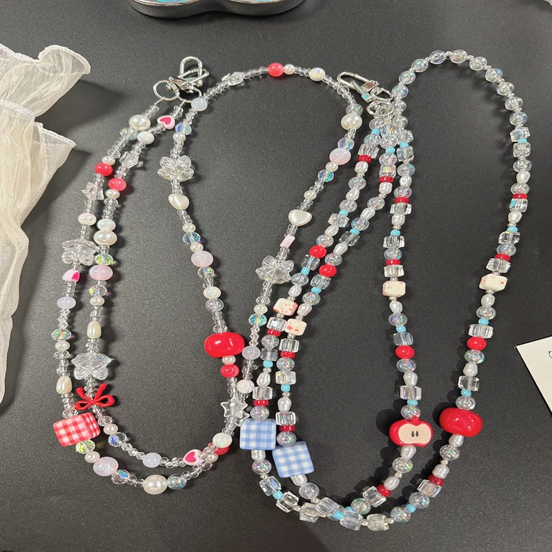 ins蓝格子方块苹果手机壳链条ccd相机挂绳diy手串珠包包挂件防丢