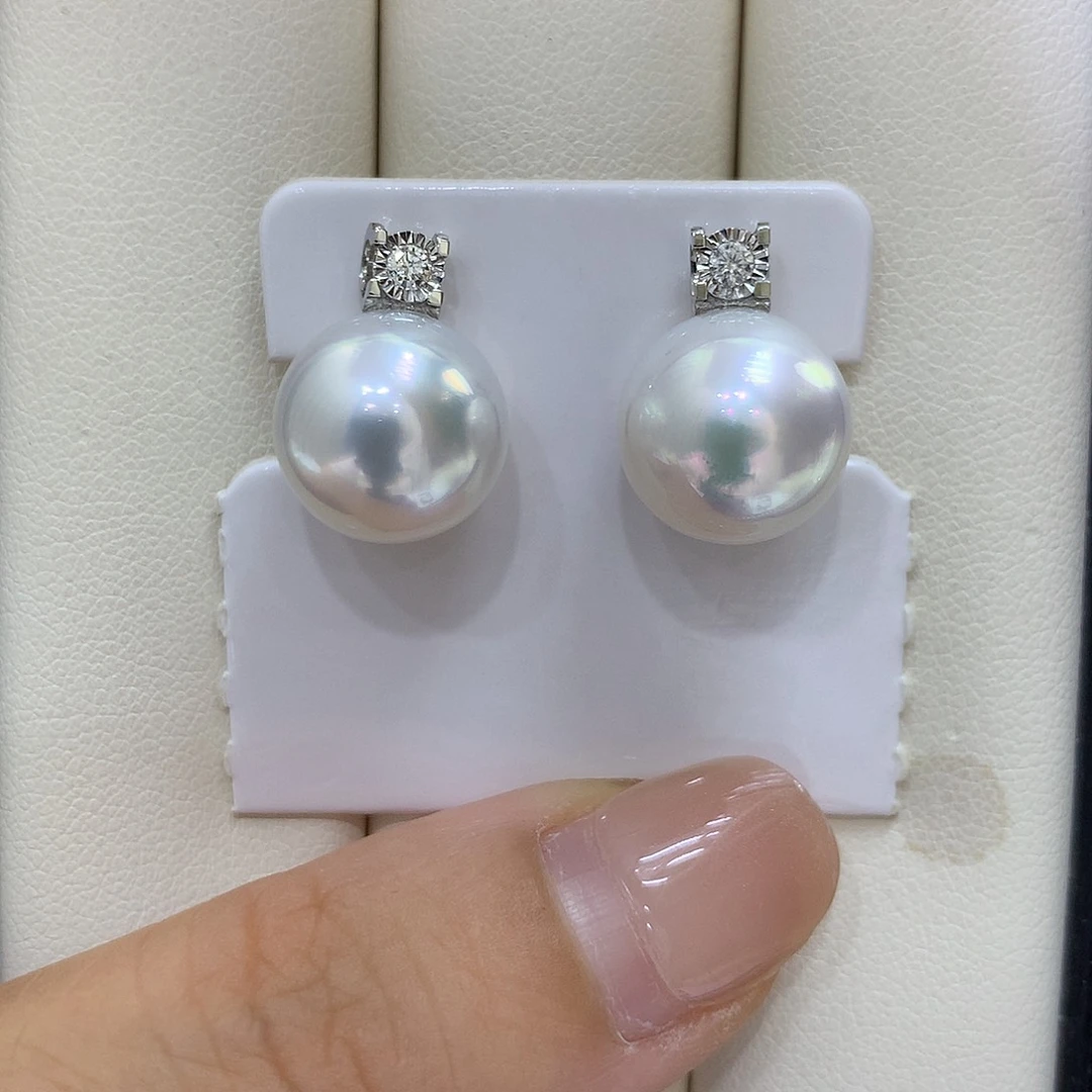 海水珍珠耳饰18K金镶嵌12/13mm澳白