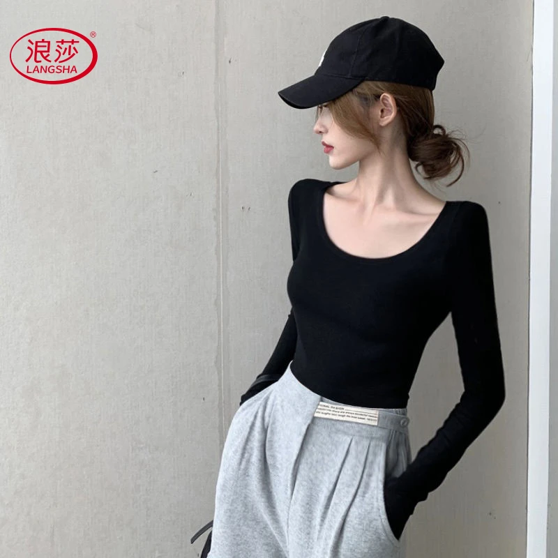 浪莎黑色棉u领秋冬长袖打底衫女修身低领T恤显瘦气质内搭百搭短款