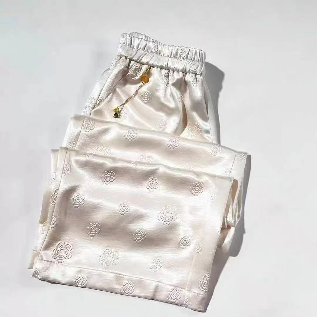 【芳华】新中式国风新款百搭山茶花醋酸直筒阔腿裤时尚宽松女裤